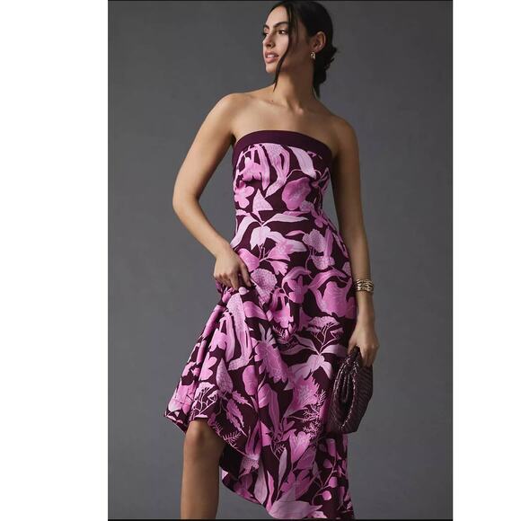 New Anthropologie Jo Faulkner Strapless Floral Midi Dress $190 Sz 6 Purple/Pink - Picture 2 of 5